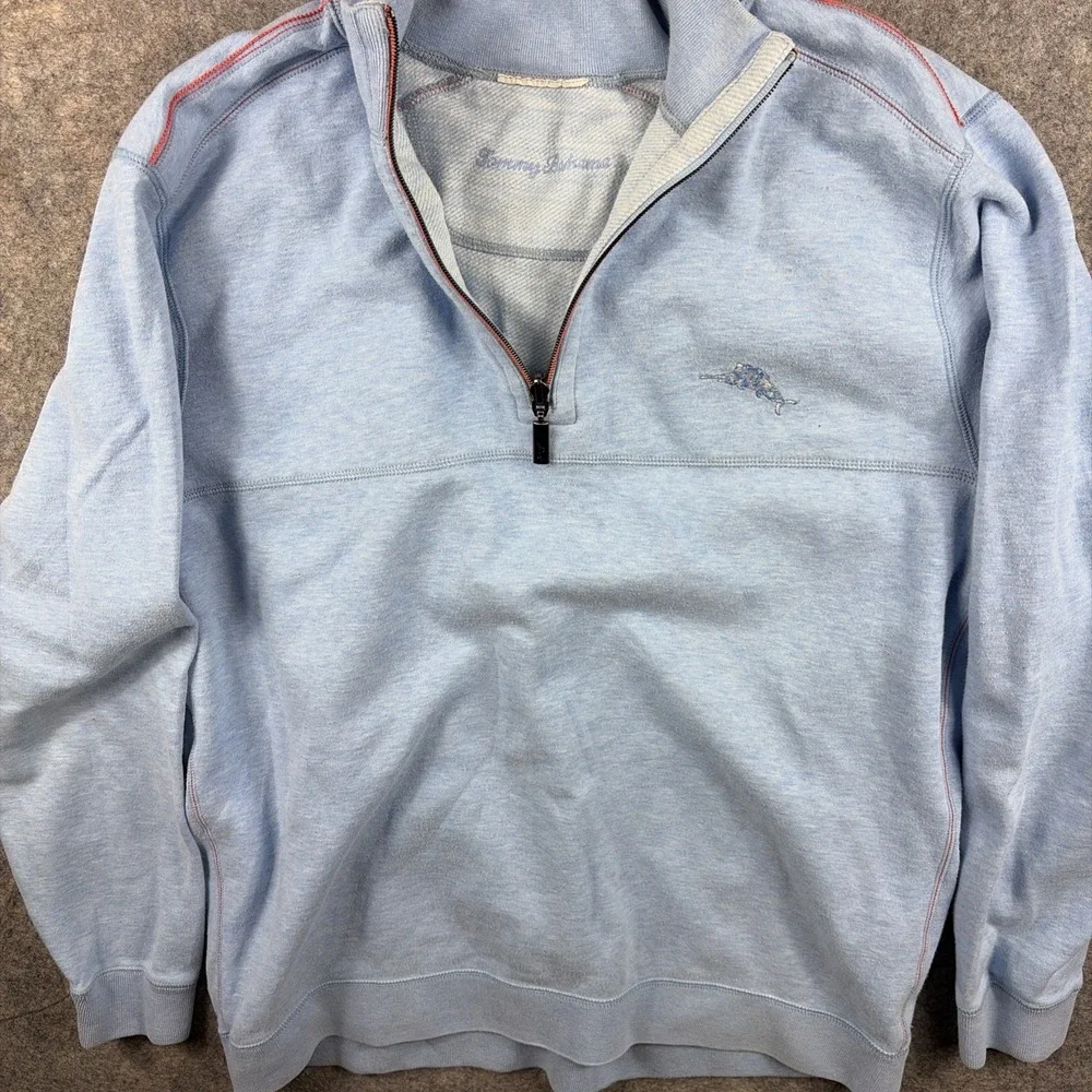Tommy Bahama Men's Sweater XL Half Zip  Pullover Light Blue Long Sleeve Nautical